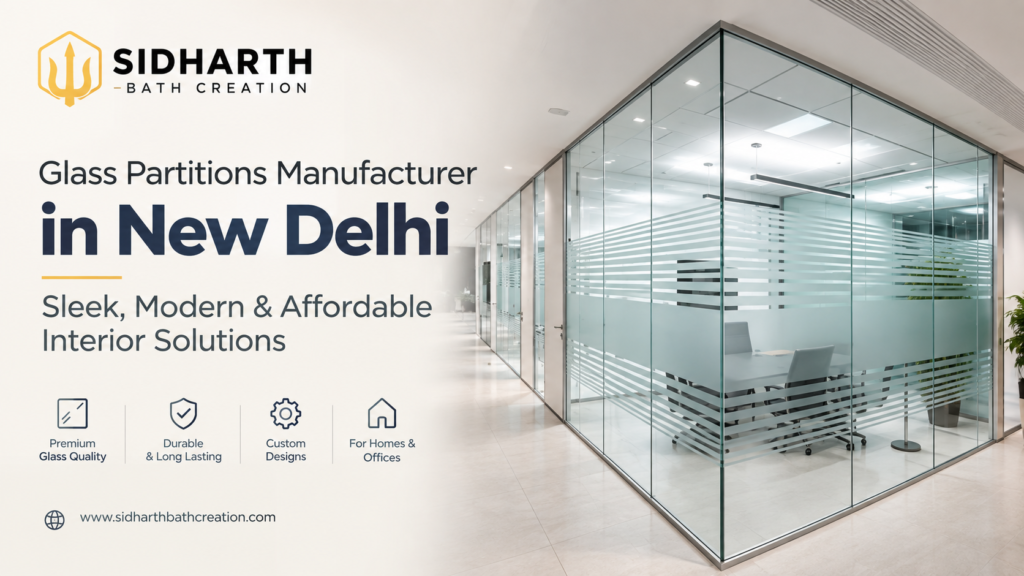 Glass partitions manufacturer in New Delhi – modern frameless glass partition installed in a corporate office by Sidharth Bath Creation